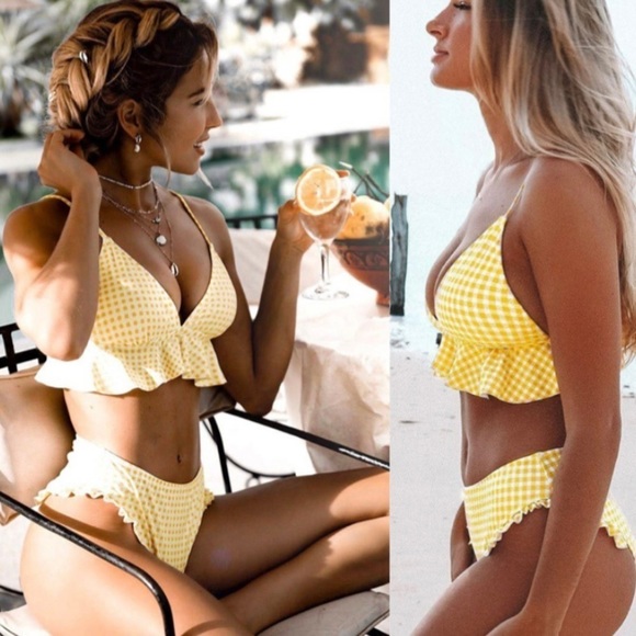 Cupshe Swim Cupshe Yellow Gingham Print Ruffle Bikini Poshmark